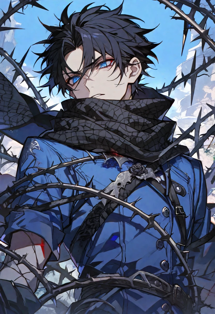 Solo, male, black hair, blue eyes, blue coat, black scarf, black roses, thorns, blood