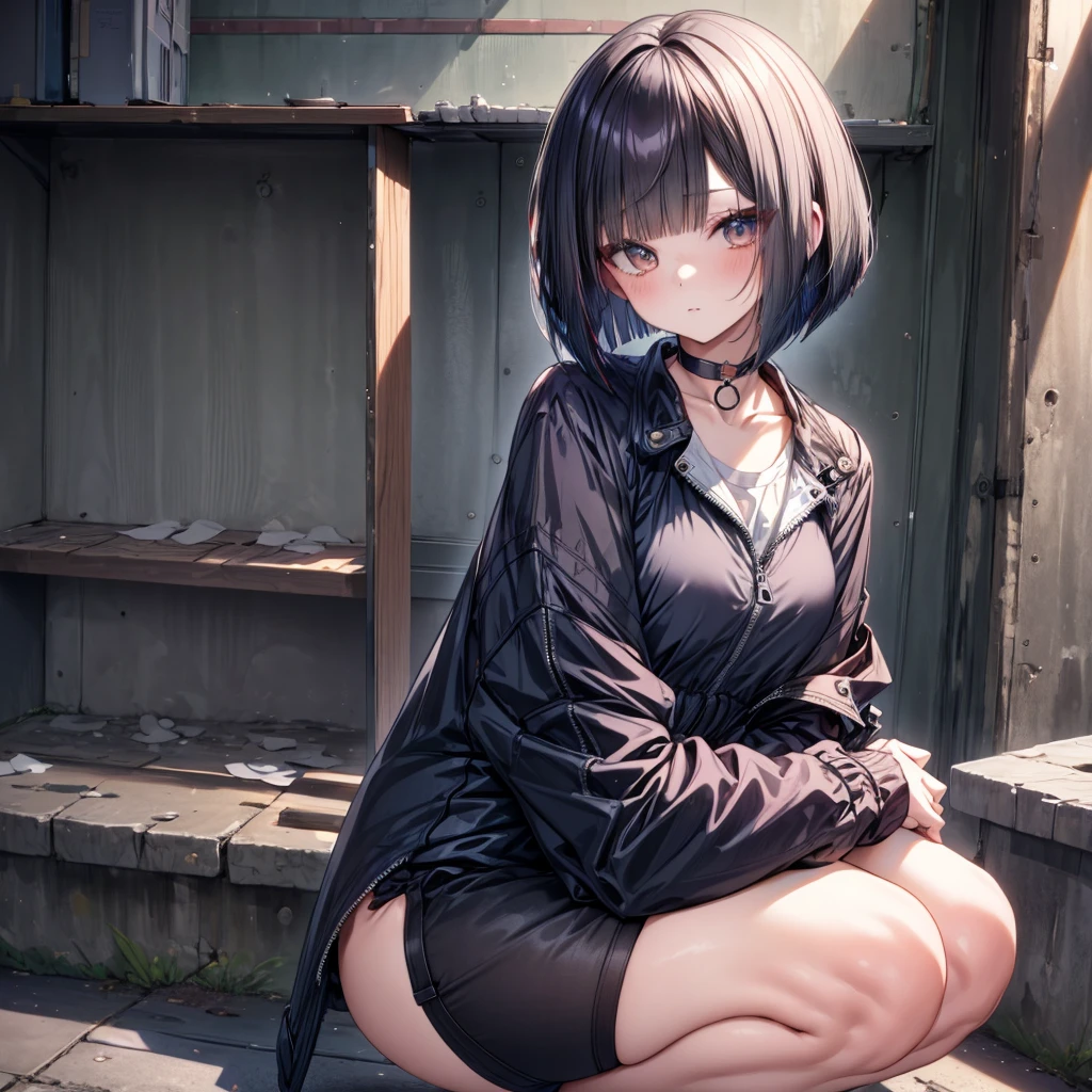 ((Highest quality)), ((masterpiece)), (detailed), 1girl, 独奏, bob cut, shirt, jacket, micro shorts, choker, squatting, from below