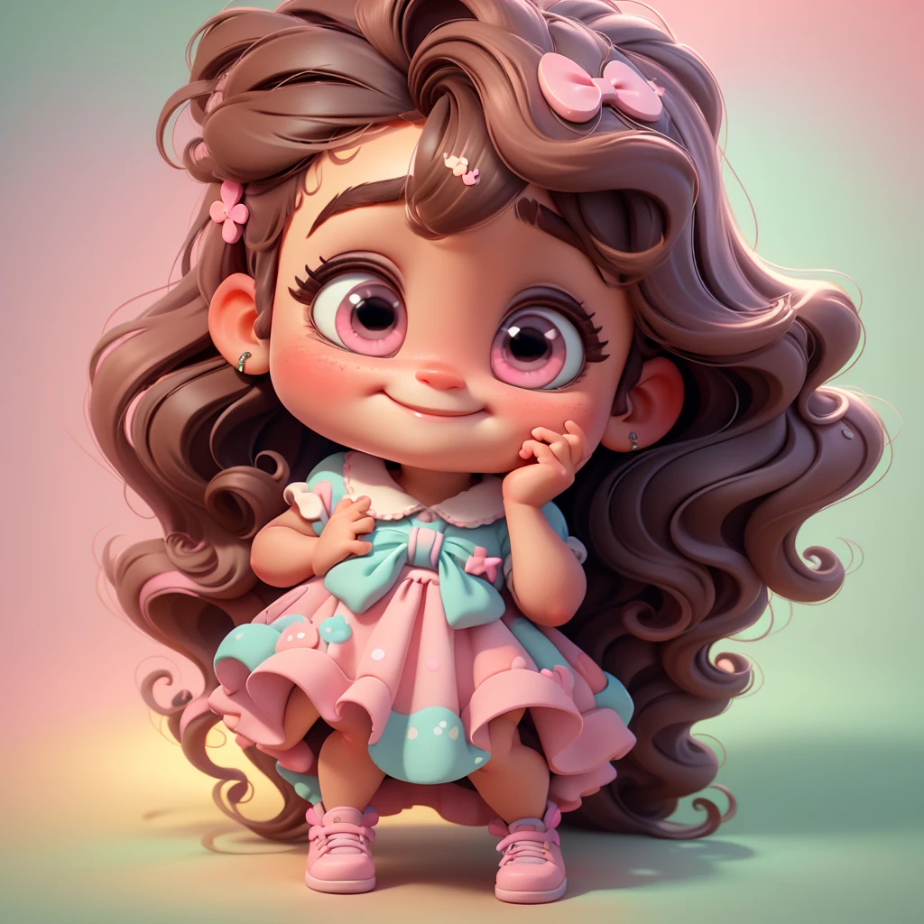 3d illustration, pixar style, cute chibi, baby girl ariana grande brown hair, long hair, pink bow in hair, dress aqua ciano with white dots, bright eyes look like inside out character of movie, candy colors, pastel colors, smiling, glitter, light pink shoes, exuberant