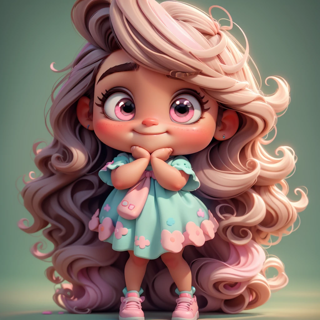 3d illustration, pixar style, cute chibi, ariana grande brown hair, long hair, pink bow in hair, dress aqua ciano with white dots, bright eyes look like inside out character of movie, candy colors, pastel colors, smiling, glitter, light pink shoes, exuberant
