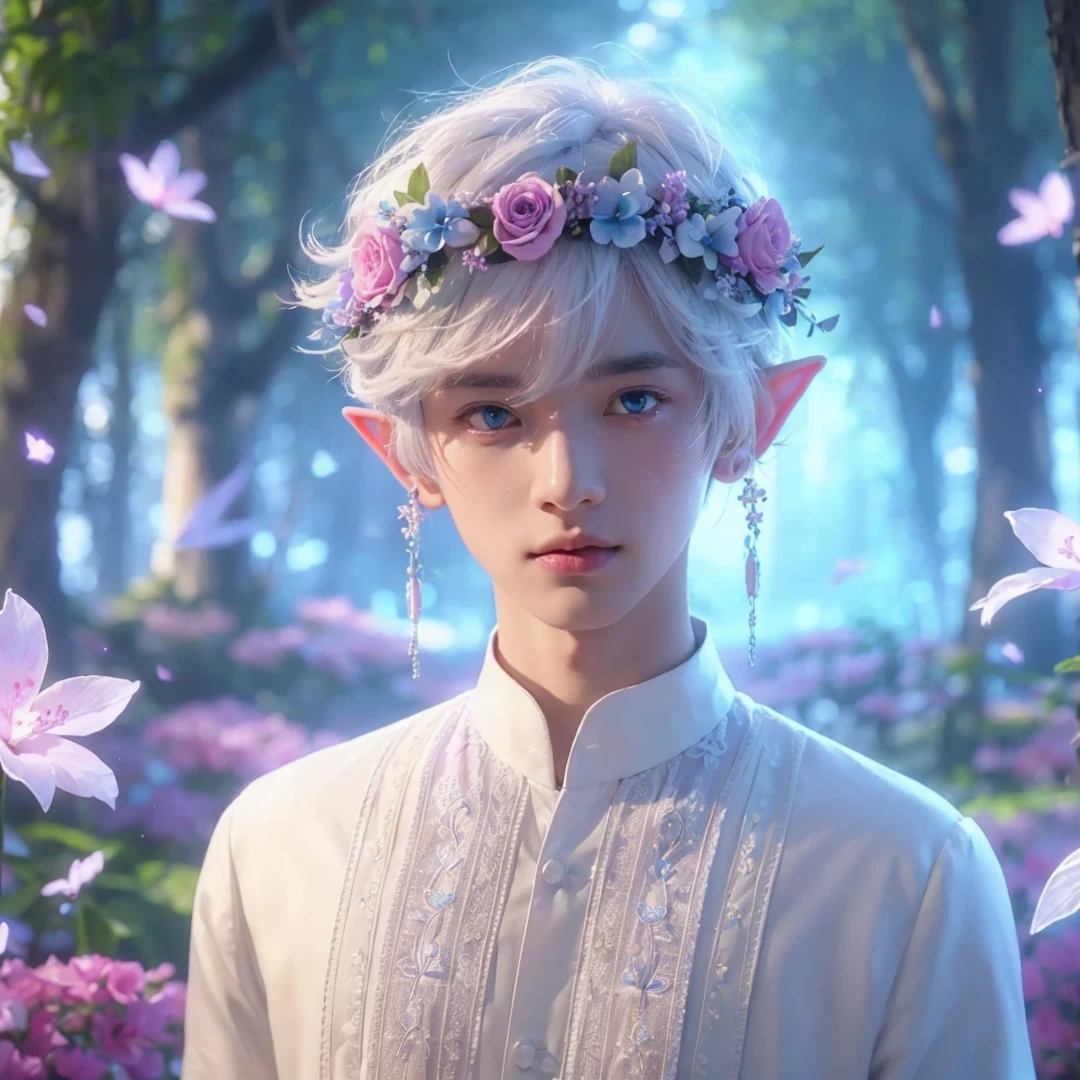 Handsome boy, white hair, blue eyes, wearing pink and light blue flower crown, wearing white barong tagalog, elf ear, "surrounded by light blue, pink, and purple light, magic forest background