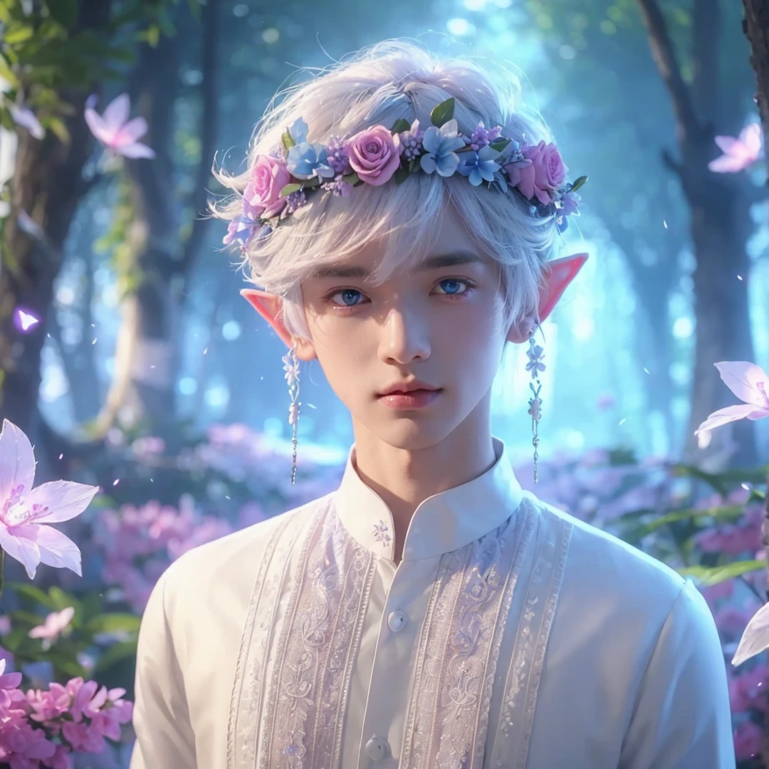 Handsome boy, white hair, blue eyes, wearing pink and light blue flower crown, wearing white barong tagalog, elf ear, "surrounded by light blue, pink, and purple light, magic forest background