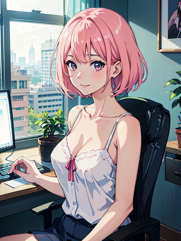 Woman sitting on chair in front of window,office,sitting in front of a computer, Fascinating office ledy, 28 years old,Slender figure,White blouse,clavicle,Cleavage,Pink Bra,detailed Digital anime art, Charming smile, Portrait, Ilya Kuvshinov. 4k yen, Smooth anime CG art, Cute realistic portrait, Beautiful Anime Girls, Digital anime art, Gweiz-style artwork, Cute Anime Girl, sitting in front of a computer,