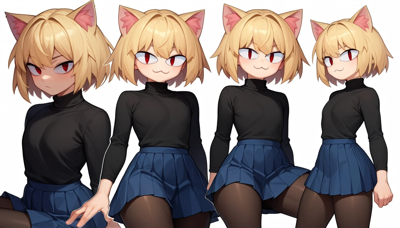 score_9, score_8_up, score_7_up, score_6_up, score_5_up, score_4_up, BREAK, 1boy, solo, necoarc, lit pupils, cat ears, blonde hair, red eyes, :3, turtleneck, blue skirt, pleated skirt, pantyhose, brown footwear, highlight thighs, thick thighs, seductive pose, cinematic angles, looking at the viewer