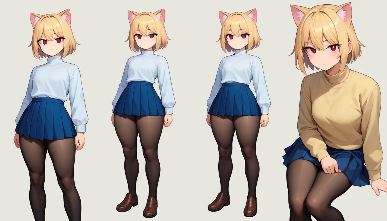 score_9, score_8_up, score_7_up, score_6_up, score_5_up, score_4_up, BREAK, 1boy, solo, necoarc, lit pupils, cat ears, blonde hair, red eyes, :3, turtleneck, blue skirt, pleated skirt, pantyhose, brown footwear, highlight thighs, thick thighs, seductive pose, cinematic angles, looking at the viewer 