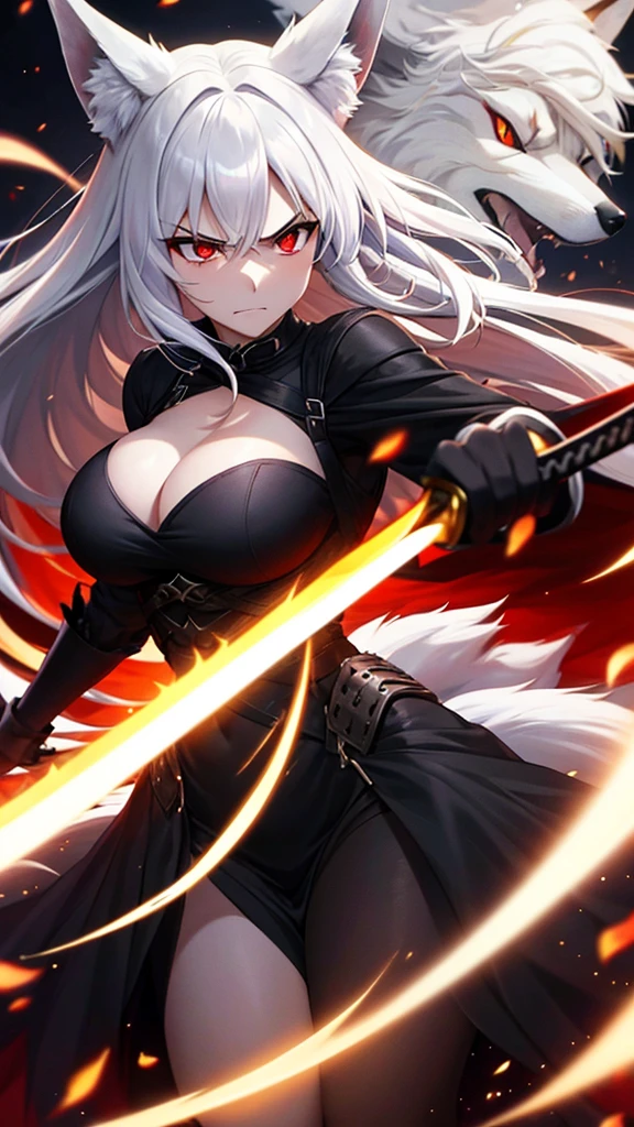 An adult woman half fox and wolf, wide breasts, red eyes, white hair, very angry, in a black little open dress, holding a sword