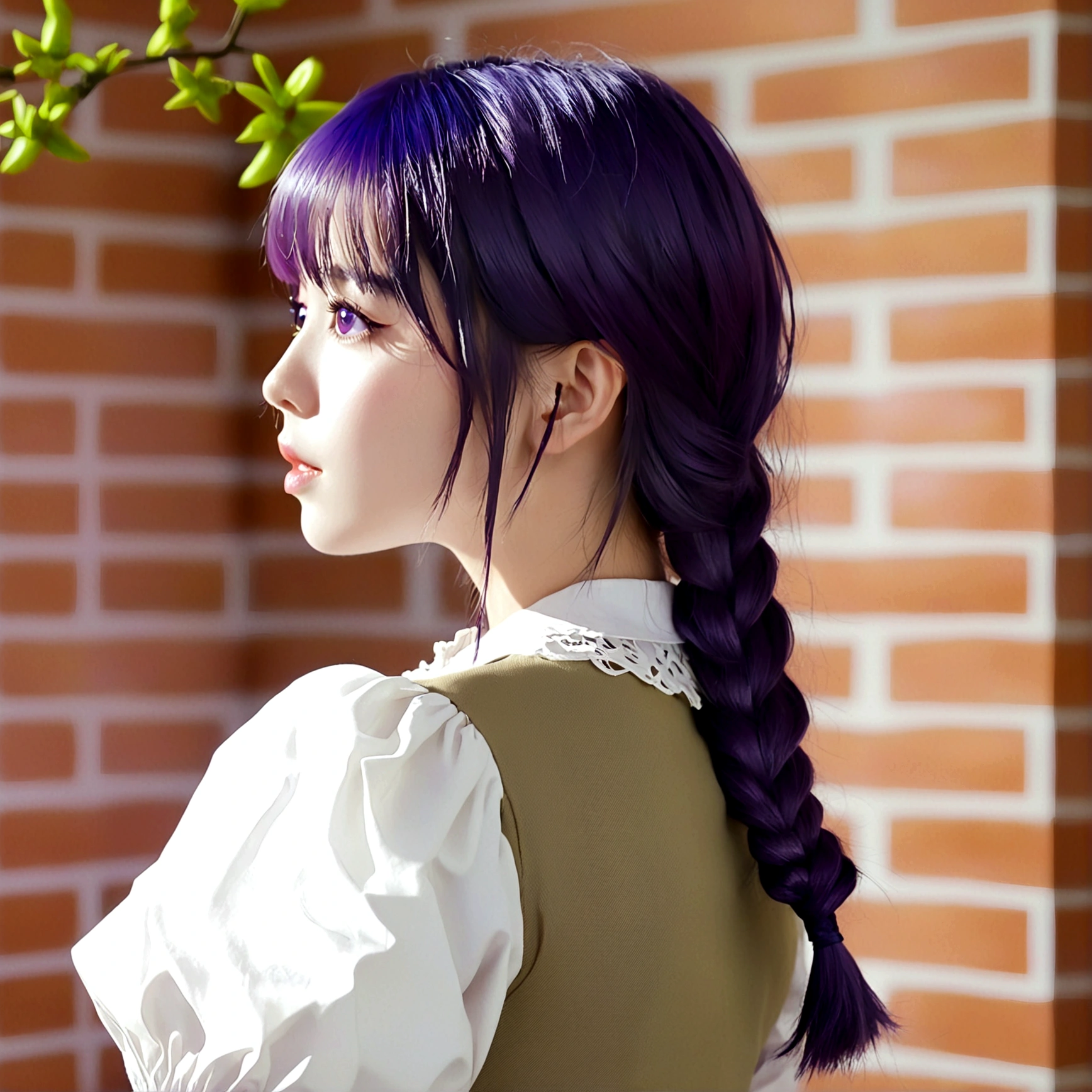 1girl, solo, long hair, breasts, open mouth, bangs, shirt, dress, purple eyes, white shirt, upper body, purple hair, braid, short sleeves, puffy sleeves, blurry, twin braids, from side, puffy short sleeves, profile, hair over shoulder, brick wall