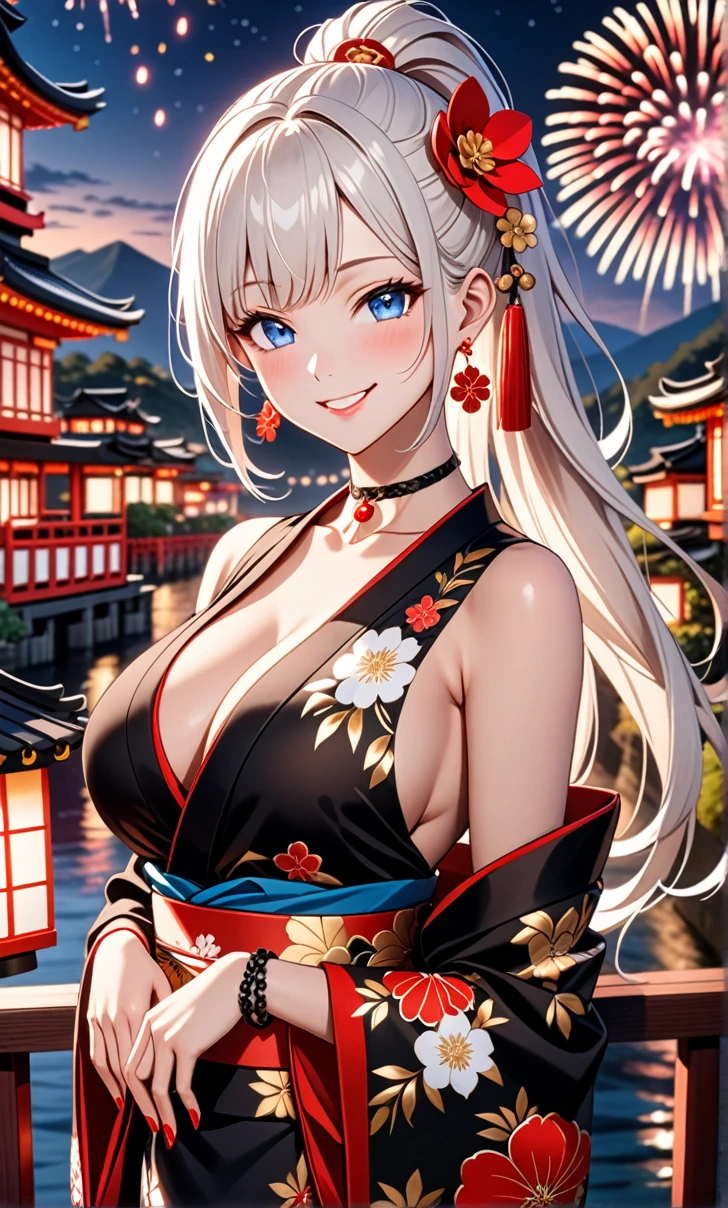 ultra-detailed, ((one girl)),  hyper detailed, absurdres, 8K, Beautiful Face, Beautiful woman in black kimono, (Laugh shyly), ((teasing smile:1.8)), ((Wink:1.6)), (Laugh with your mouth wide open),(Tilt your head:1.3), View your viewers, ((Bright red cheeks:1.6)),Glossy Red Lips, ((Big Breasts:1.5)), (valley),night, You can see the sea horizon,On Bridge, firework, (Brighten your face), Woman in black kimono, ((Anime style background)),masterpiece, Highest quality, so beautiful,Latest, Complex details, (Pink long nails), (nail art), (ring),(bracelet), (Floral Choker),AI-generated, Complex,High resolution, Highest quality, super high quality,3D Images、3D Images,One person,((Long white hair)),(High Ponytail), Anime woman posing for a photo, ((Fine grain、blue eyes、glowing eyes:1.5)), (Squint your eyes:1.1),a hyperRealistic , hyperRealistic , Realistic,  White long hair anime woman, Smooth anime CG art, A girl in a gorgeous kimono with gold embroidery, ((black furisode:1.5),(Red large floral pattern) ,Long flower hair ornament,Floral Earrings,Mature Body, tall,Abdominal muscles,Narrow waist, ((arched back:1.9)), (front view), 