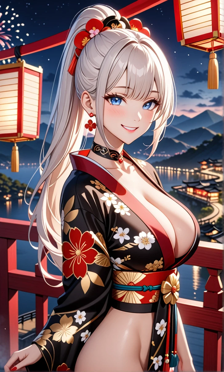 ultra-detailed, ((one girl)),  hyper detailed, absurdres, 8K, Beautiful Face, Beautiful woman in black kimono, (Laugh shyly), ((teasing smile:1.8)), ((Wink:1.6)), (Laugh with your mouth wide open),(Tilt your head:1.3), View your viewers, ((Bright red cheeks:1.6)),Glossy Red Lips, ((Big Breasts:1.5)), (valley),night, You can see the sea horizon,On Bridge, firework, (Brighten your face), Woman in black kimono, ((Anime style background)),masterpiece, Highest quality, so beautiful,Latest, Complex details, (Pink long nails), (nail art), (ring),(bracelet), (Floral Choker),AI-generated, Complex,High resolution, Highest quality, super high quality,3D Images、3D Images,One person,((Long white hair)),(High Ponytail), Anime woman posing for a photo, ((Fine grain、blue eyes、glowing eyes:1.5)), (Squint your eyes:1.1),a hyperRealistic , hyperRealistic , Realistic,  White long hair anime woman, Smooth anime CG art, A girl in a gorgeous kimono with gold embroidery, ((black furisode:1.5),(Red large floral pattern) ,Long flower hair ornament,Floral Earrings,Mature Body, tall,Abdominal muscles,Narrow waist, ((arched back:1.9)), (front view), 