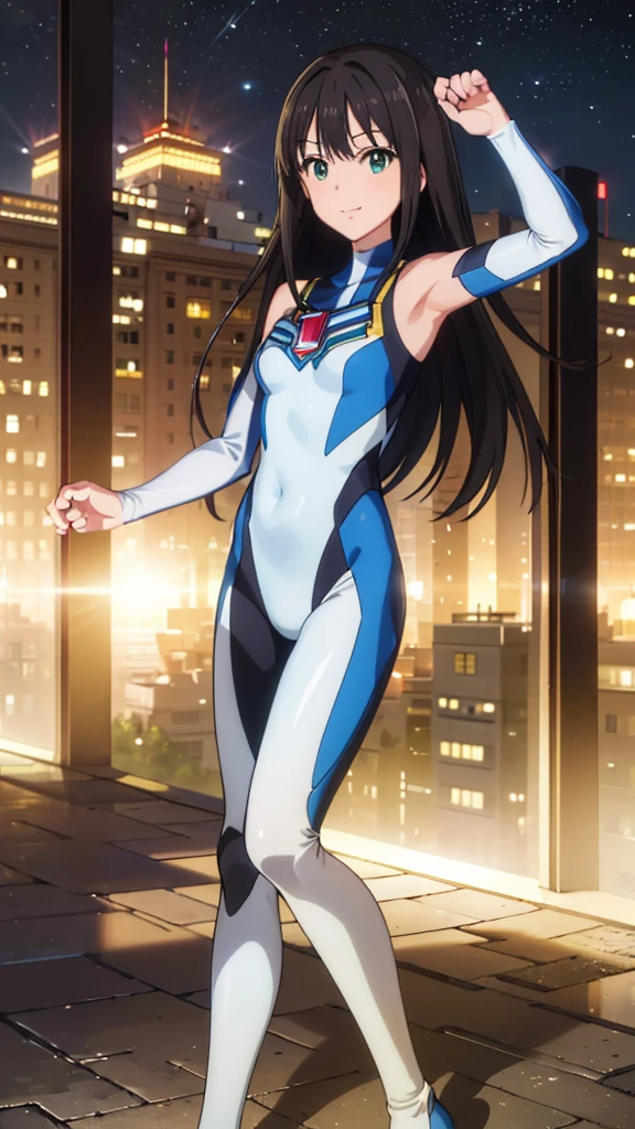 (masterpiece、Highest quality、In 8K、High resolution:1.2)、alone、One Girl、 Rin Shibuya, smile、Tight clothes、Cowboy Shot、Look at the viewers、smile、Hero Suit、Bodysuits、Tight suit、(Hmph :1.0), ウルトラマンBodysuits、Trained abdominal muscles、Trained biceps、Shining jewel on the chest、(building:1.2)、Night Scenery