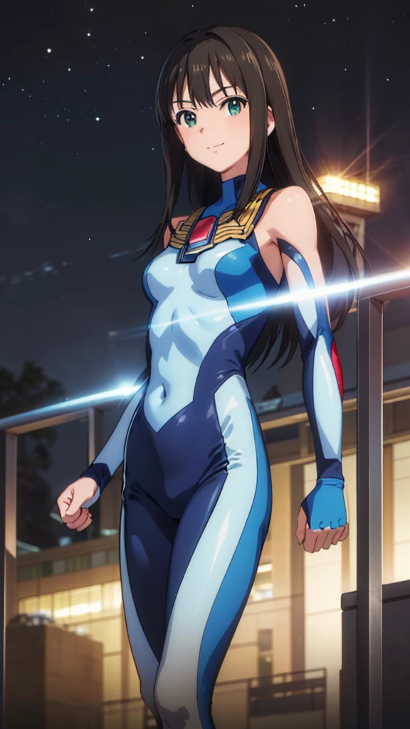 (masterpiece、Highest quality、In 8K、High resolution:1.2)、alone、One Girl、 Rin Shibuya, smile、Tight clothes、Cowboy Shot、Look at the viewers、smile、Hero Suit、Bodysuits、Tight suit、(Hmph :1.0), ウルトラマンBodysuits、Trained abdominal muscles、Trained biceps、Shining jewel on the chest、(building:1.2)、Night Scenery