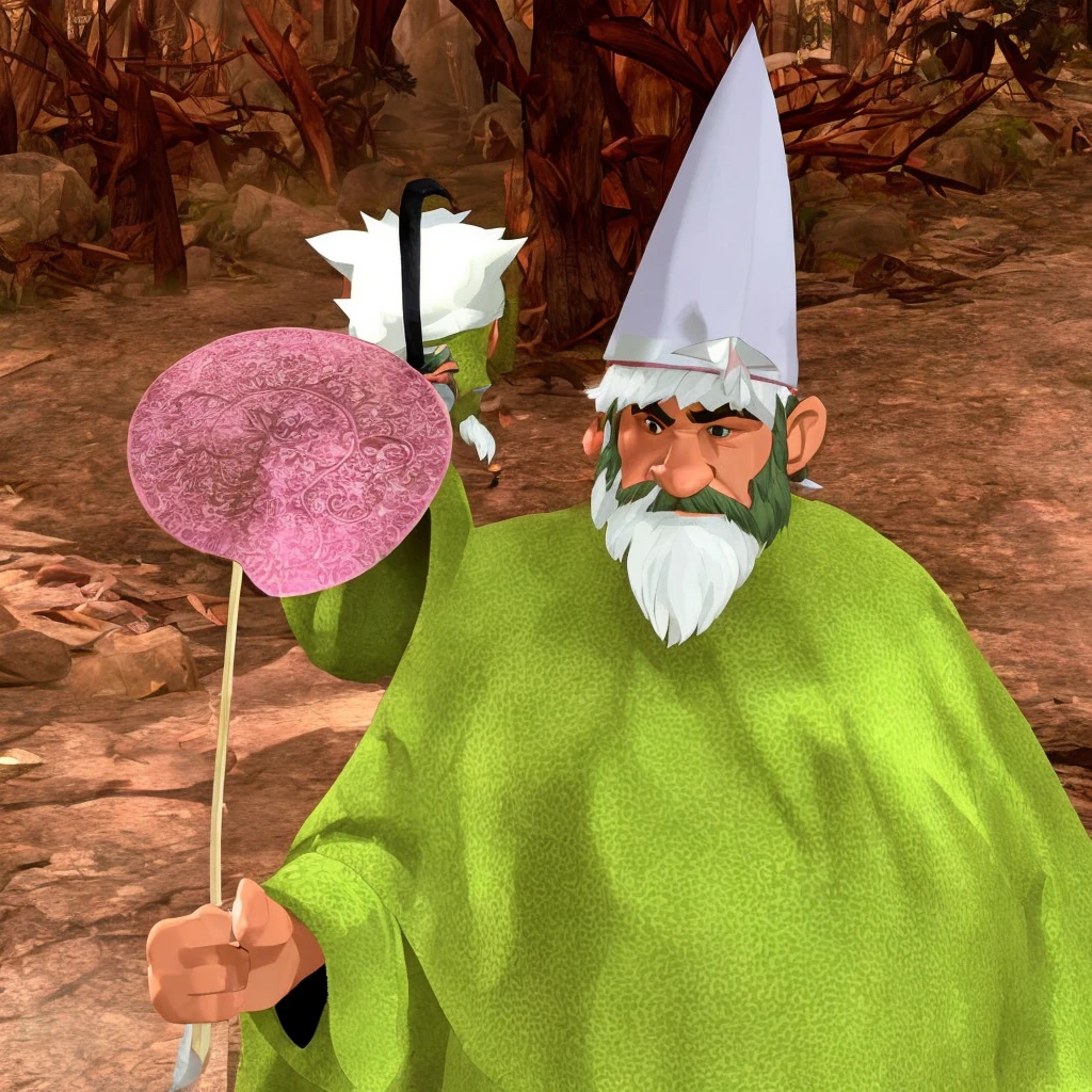 a little dwarf dressed in green, with a long white beard and stubble. a white pointed hat, he holds a pink butterfly catcher in his hand and uses it as a weapon. and is walking through the forest, dark, darknes, horror, rpg