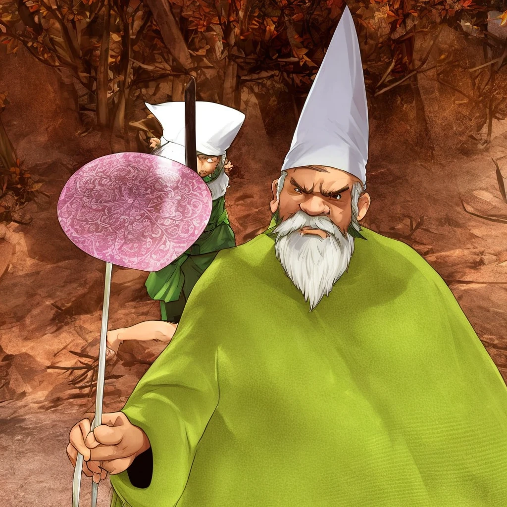a dwarf dressed in green, with a long white beard and stubble. a white pointed hat, he holds a pink butterfly catcher in his hand and uses it as a weapon. and is walking through the forest, dark, darknes, horror, rpg