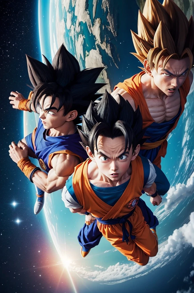 Goku flying together with Vegeta and Gohan 