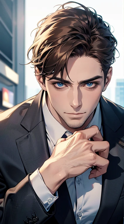 (best quality,4k,8k,highres,masterpiece:1.2),ultra-detailed,(realistic,photorealistic,photo-realistic:1.37),1 man,31 years old,mature man,very handsome,without expression,smile,short grey brown hair,blue eyes,penetrating gaze,perfect face without errors,imposing posture,businessman,office background,cinematic lighting,hdr image