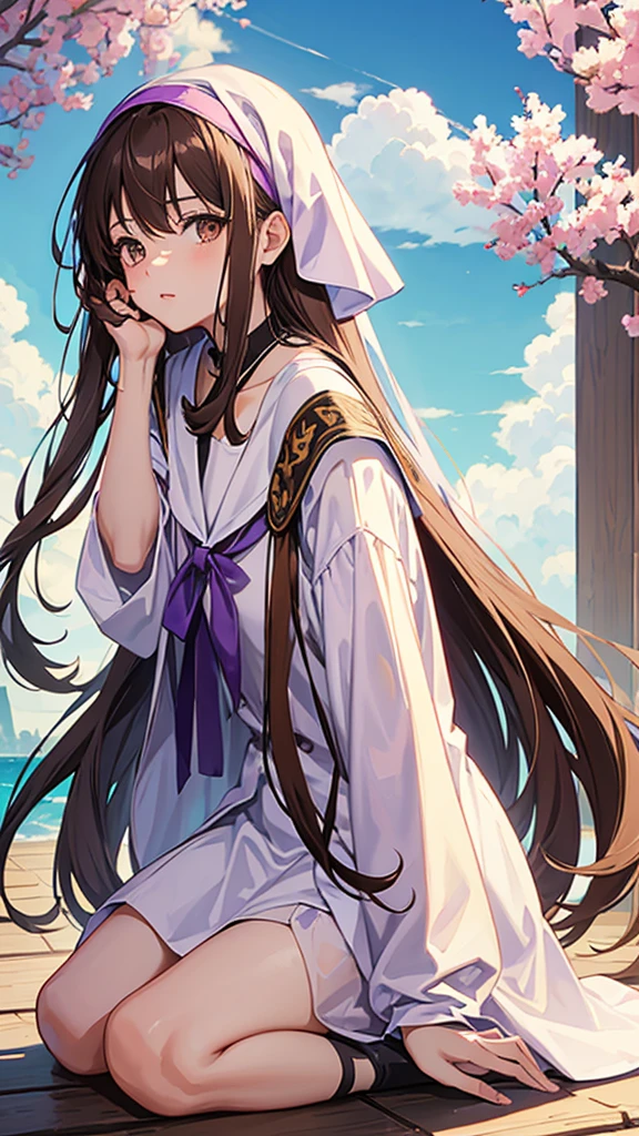 An anime girl in a lavender Clan outfit, with long, loose brown hair and brown eyes and a bandana on her forehead 