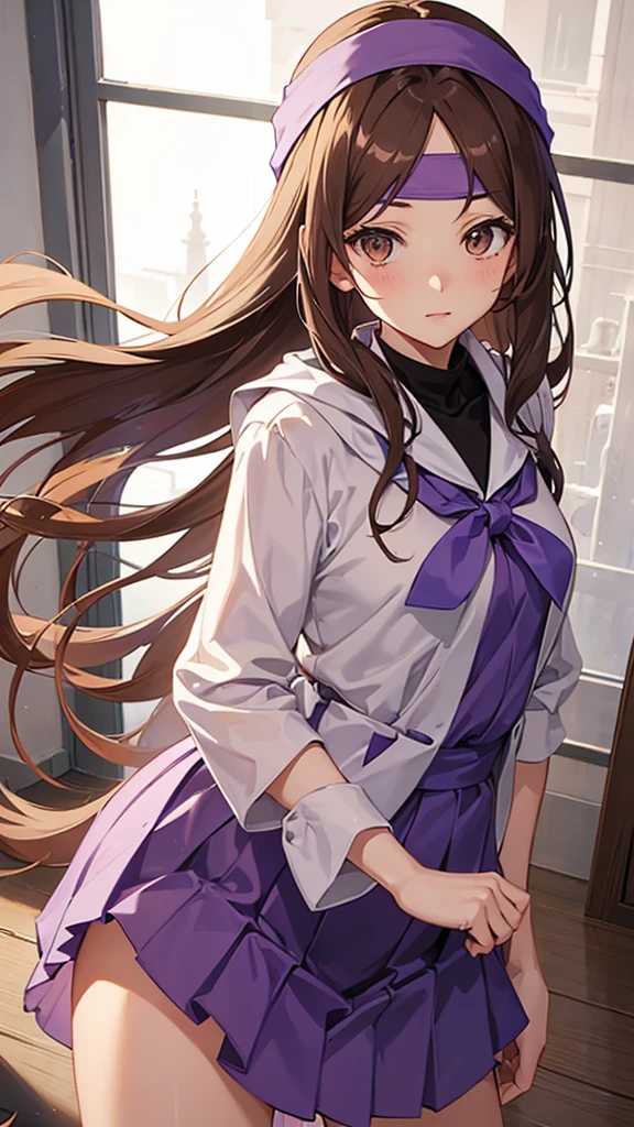 An anime girl in a lavender Clan outfit, with long, loose brown hair and brown eyes and a bandana on her forehead 