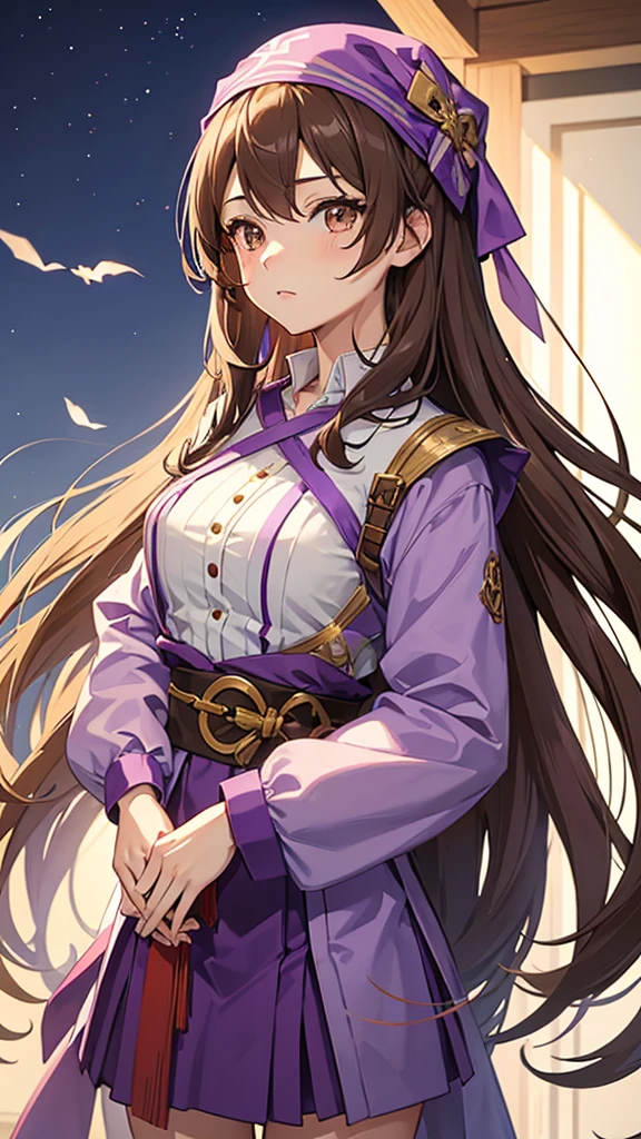 An anime girl in a lavender Clan outfit, with long, loose brown hair and brown eyes and a bandana on her forehead