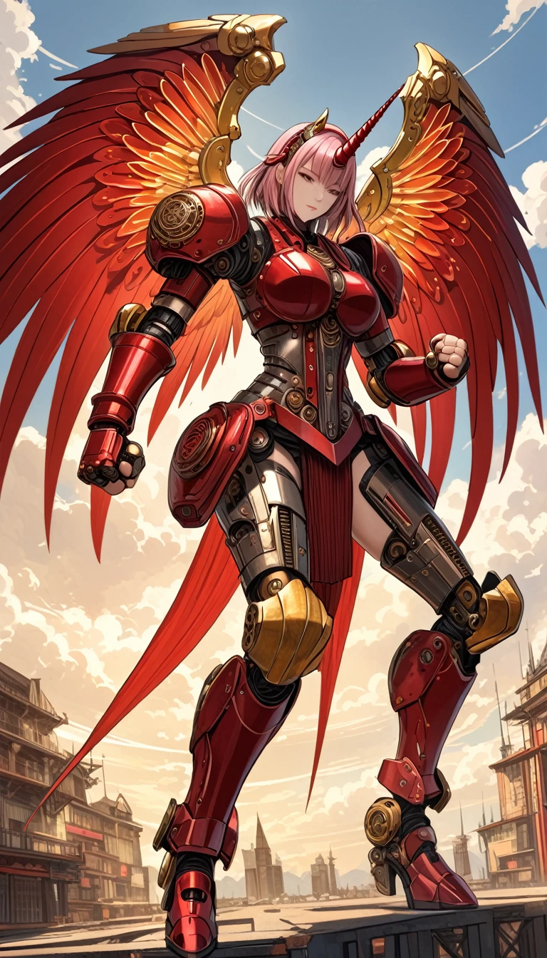 unicorn horn,metal spiral sharp corners,in style of Santiago Caruso,
huge mechanical angel wings,mechanical_halo,1 girl,mechanical wrist,mechanical skirt with pleated skirt,(huge makeover mechanical fists:1.5),
the fist flashed red,(bold,smooth,elegant,curvaceoous,precise:1.2)