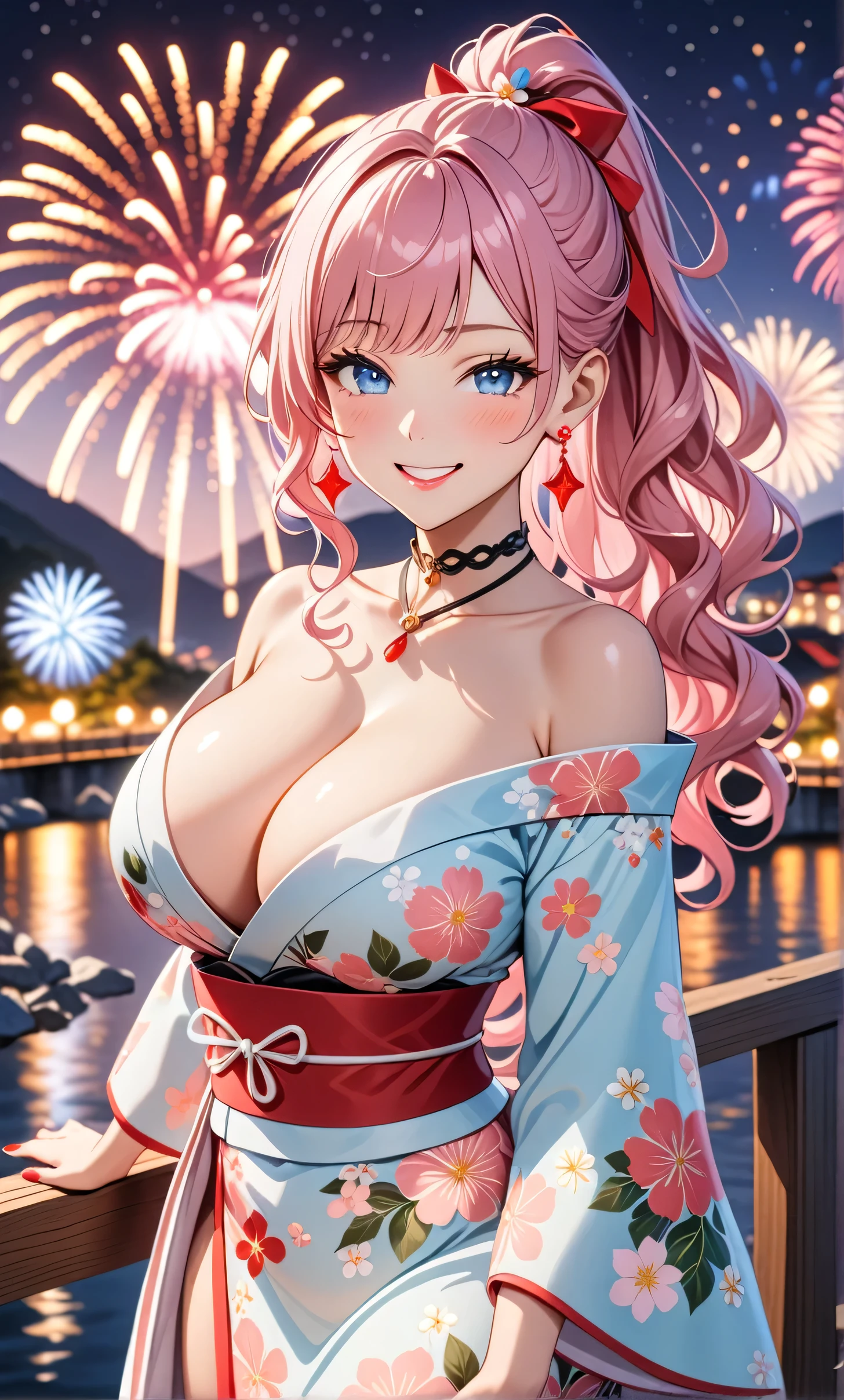 ultra-detailed, ((one girl)), in pastel colors girl, hyper detailed, absurdres, 8K, Beautiful Face, (Laugh shyly), ((teasing smile:1.8)), ((Wink:1.8)), (Laugh with your mouth wide open),(Tilt your head:1.3), View your viewers, ((Bright red cheeks:1.6)),Glossy Red Lips, ((Big Breasts:1.5)), (valley),night, Riverside,On Bridge, firework, (Brighten your face), ((Anime style background)),masterpiece, Highest quality, so beautiful,Latest, Complex details, (Pink long nails), (nail art), (ring),(bracelet), (Floral Choker),AI-generated, Complex,High resolution, Highest quality, super high quality,3D Images、3D Images,One person,Pastel pink long hair,(High Ponytail), (wavy hair:1.3), Pastel anime woman posing for a photo, ((Fine grain、blue eyes、glowing eyes:1.4)), (Squint your eyes:1.1),a hyperRealistic , hyperRealistic , Realistic,Anime woman with long pastel pink hair, Smooth anime CG art, A girl in a gorgeous pastel-colored kimono, ((Pastel-colored furisode)),(Pink large floral pattern) ,Long flower hair ornament,Floral Earrings,Mature Body, tall,Abdominal muscles,Tight waist,((arched back:1.9)), (front view),