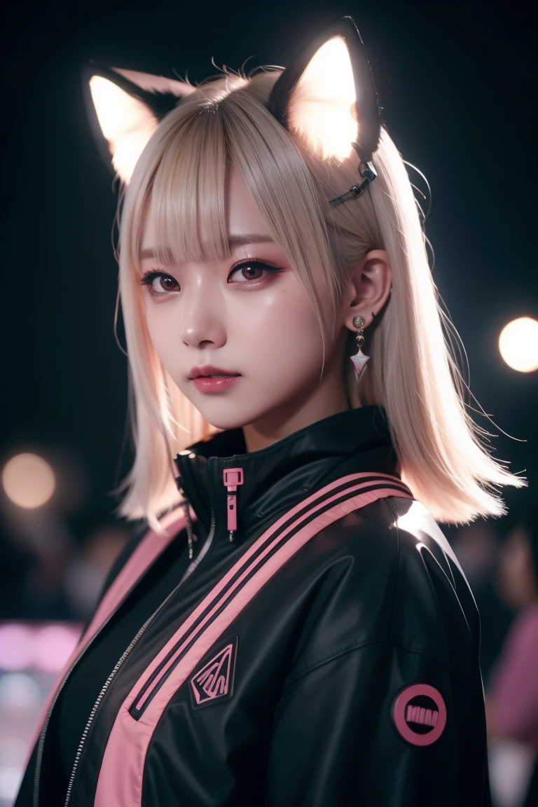 One girl, Blonde, cin_ear, animal_ear, 一人in, dark_skin, Sunburn_skin, Foggy Neon Futuristic, Summer jackets, Cherry blossoms fall, Portrait Style, Looking_in_Audience, cineminic lighting, eyeliner, compensate, Emotional, Very detailed, Wide Shot, Sharp focus, Ring Light, Rim Light, ocSunburne render, Ring Light, Rim Light, nvinkpunk, Samdos Arts