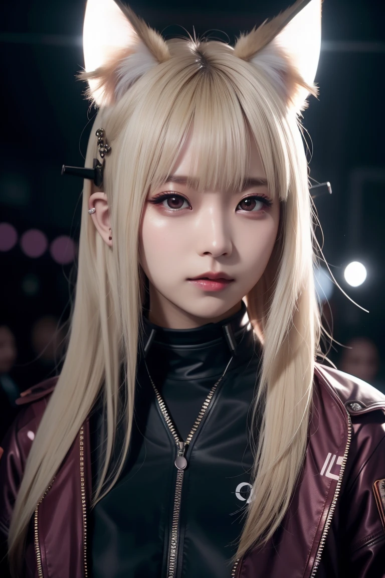 One girl, Blonde, cin_ear, animal_ear, 一人in, dark_skin, Sunburn_skin, Foggy Neon Futuristic, Summer jackets, Cherry blossoms fall, Portrait Style, Looking_in_Audience, cineminic lighting, eyeliner, compensate, Emotional, Very detailed, Wide Shot, Sharp focus, Ring Light, Rim Light, ocSunburne render, Ring Light, Rim Light, nvinkpunk, Samdos Arts