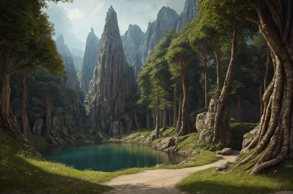 inspiré de Tolkien, À la manière de John Howe, detailed fantasy landscape, enchanted forests, majestic mountains, epic battles, dangerous dungeons, forteresse militaire cachée, cinematic lighting, dramatic atmosphere, hyper realistic, 8k, cinematic, award winning, masterpiece, intricate details, vivid colors, dramatic shadows, volumetric lighting, ultra-detailed, photorealistic, intricate details, impeccable textures, seamless composition, mesmerizing