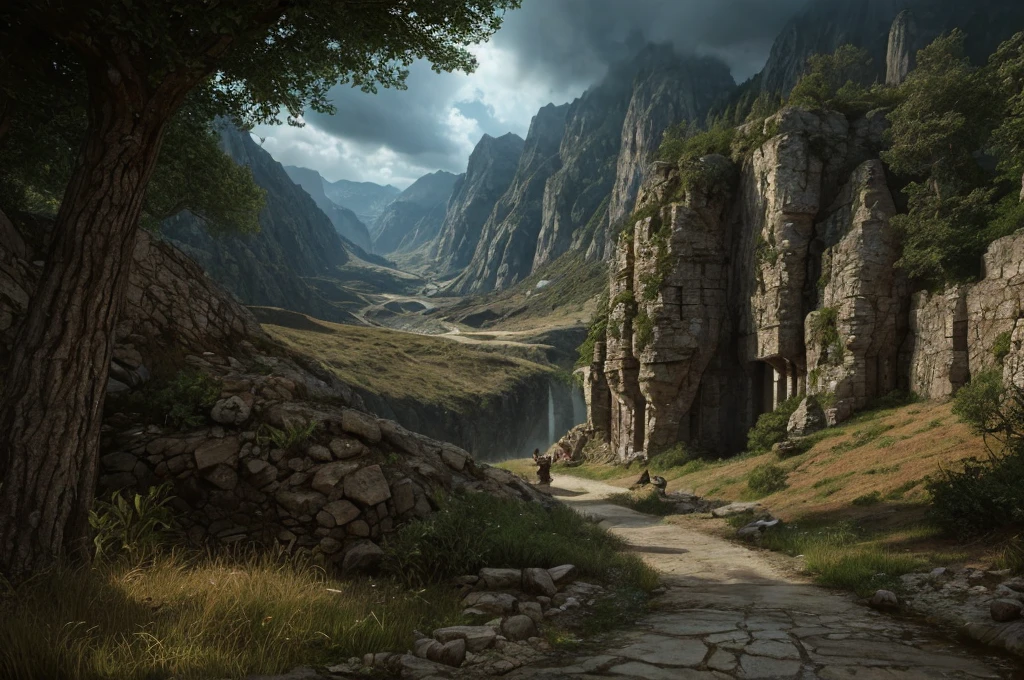 inspiré de Tolkien, À la manière de John Howe, detailed fantasy landscape, enchanted forests, majestic mountains, epic battles, dangerous dungeons, forteresse militaire cachée, cinematic lighting, dramatic atmosphere, hyper realistic, 8k, cinematic, award winning, masterpiece, intricate details, vivid colors, dramatic shadows, volumetric lighting, ultra-detailed, photorealistic, intricate details, impeccable textures, seamless composition, mesmerizing