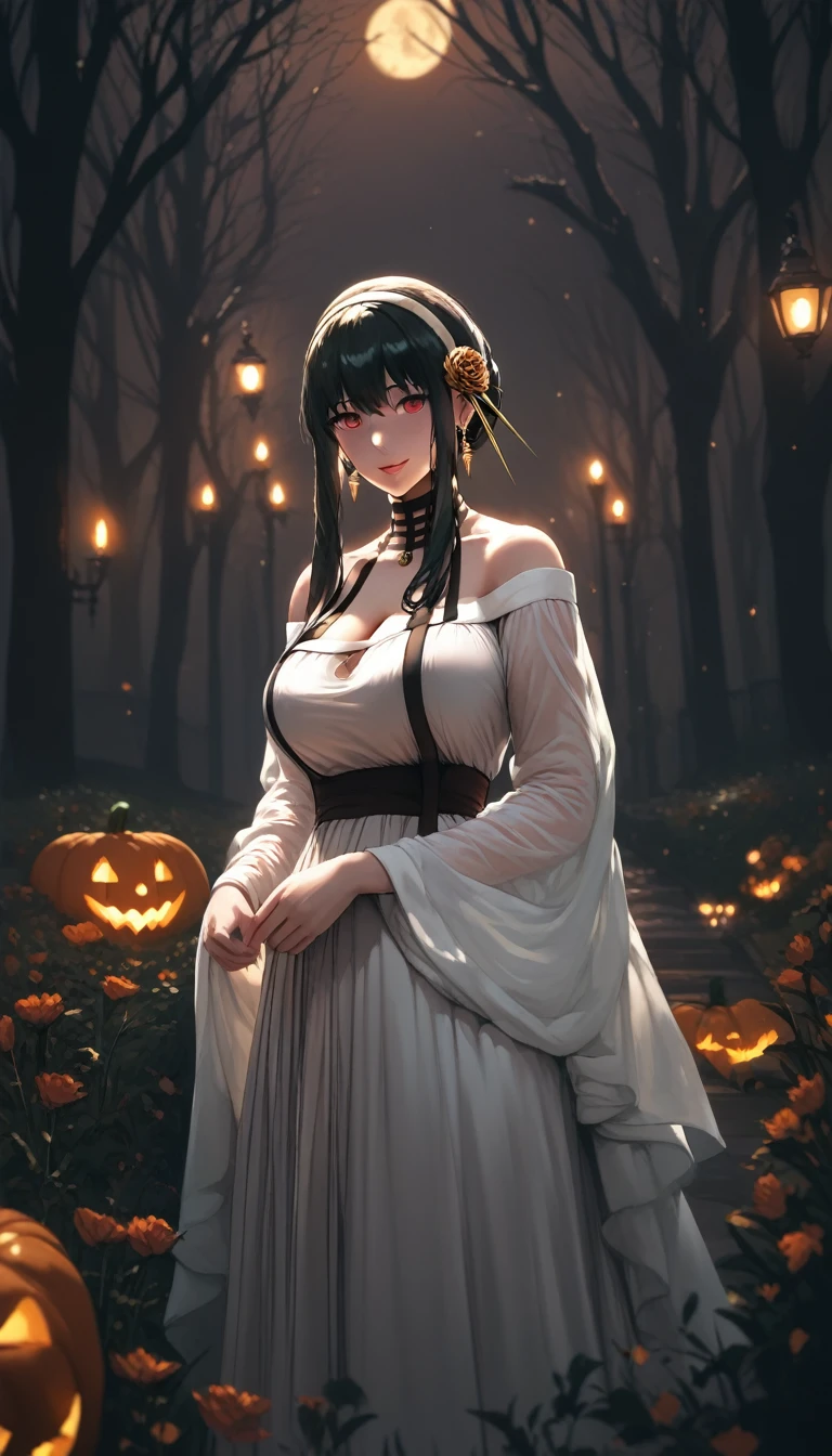 (hews art style:0.7), score_9, score_8_up, score_7_up, score_6_up, uncensored, yor briar, black hair, white hairband, red eyes, BREAK (masterpiece:1.2), best quality, high resolution, (beautiful detailed eyes:1.3), perfect lighting, (perfect hands, perfect anatomy), hearts, pleasured, epic art, fantasy, 1girl, jack-o'-lantern, halloween, solo, lantern, pumpkin, breasts, witch, cleavage_cutout, huge_breasts, cleavage, happy_halloween, dress, flower, tree, looking_at_viewer, belt, long_sleeves, jewelry, standing, candle,