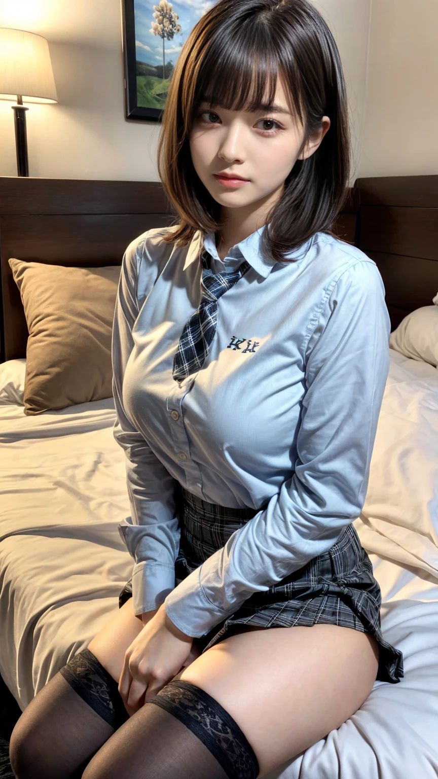 masterpiece, best quality, illustration, Super detailed, fine details, High resolution, 8K,wall paper, perfect dynamic composition,(Details High quality, realistic depiction of eyes:1.3), (white school shirt :1.2), (plaid skirt :1.3), tie black, black thigh-high stockings, sitting, open legs, short bob hair, in a hotel room in the background, deep on field, large breasts, black hair color, Big Natural Color Lip, (perfect body shape), crying a little、Harajuku style、20 year old girl、cute type、beautiful legs, Gravure Idol