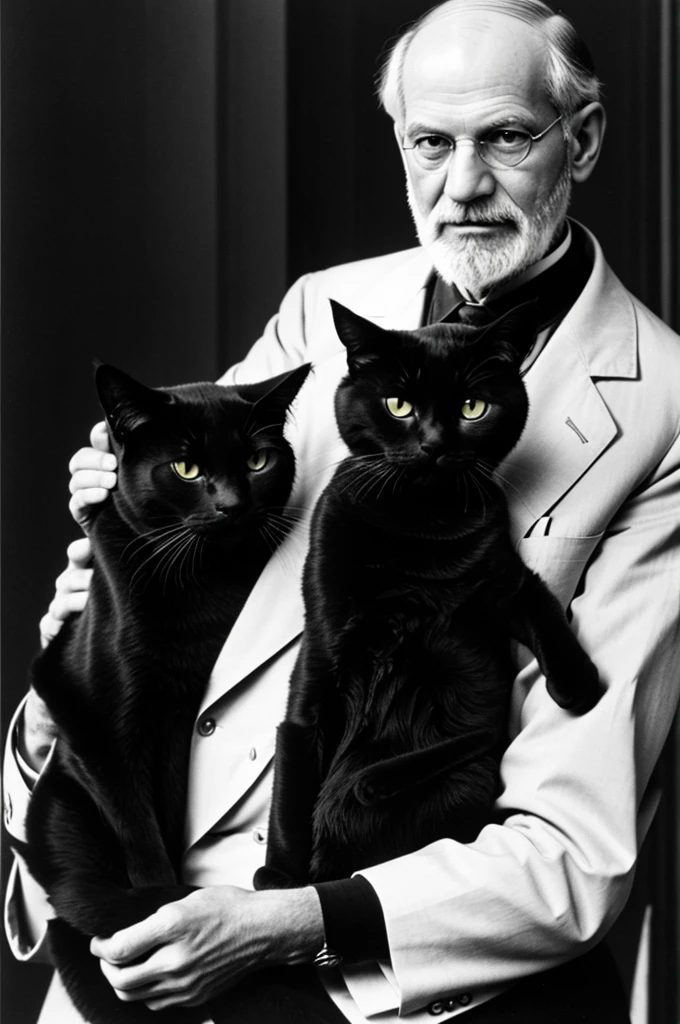 Best-known image of Sigmund Freud holding a black cat. black and white image