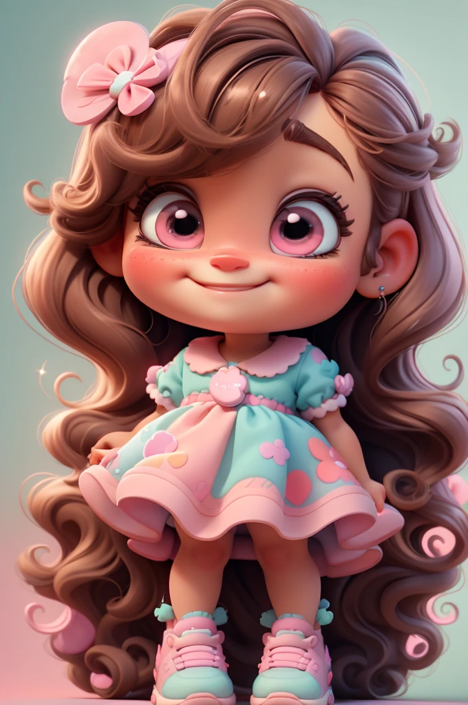 3d illustration, pixar style, cute chibi, baby girl ariana grande brown hair, long hair, pink bow in hair, dress aqua ciano with white dots, bright eyes look like inside out character of movie, candy colors, pastel colors, smiling, glitter, light pink shoes, exuberant