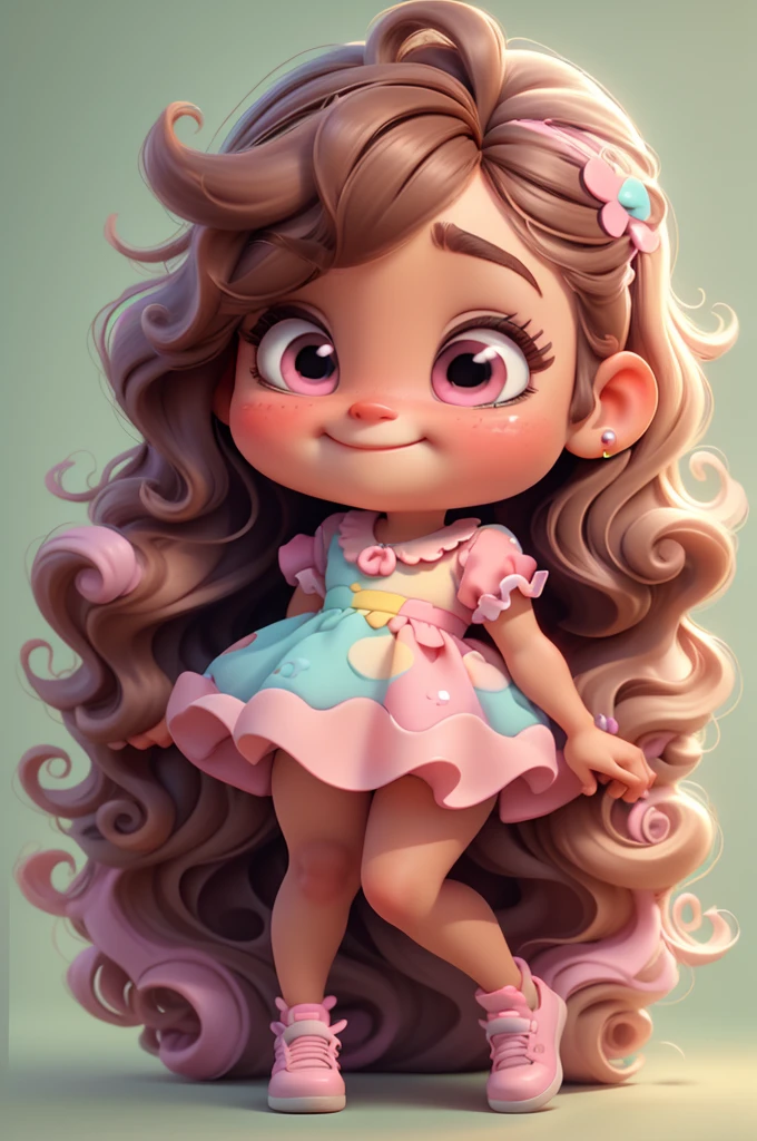 3d illustration, pixar style, cute chibi, baby girl ariana grande brown hair, long hair, pink bow in hair, dress aqua ciano with white dots, bright eyes look like inside out character of movie, candy colors, pastel colors, smiling, glitter, light pink shoes, exuberant
