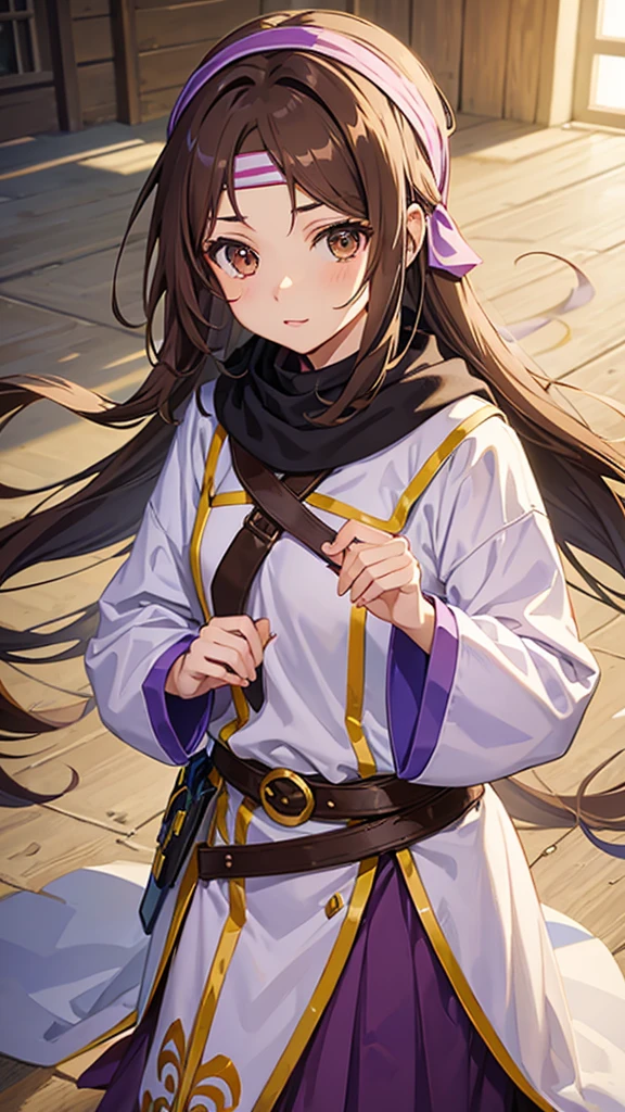 An anime girl in a lavender Clan outfit, with long, loose brown hair and brown eyes and a bandana on her forehead