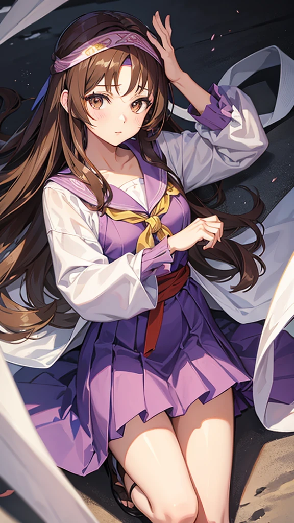 An anime girl in a lavender Clan outfit, with long, loose brown hair and brown eyes and a bandana on her forehead