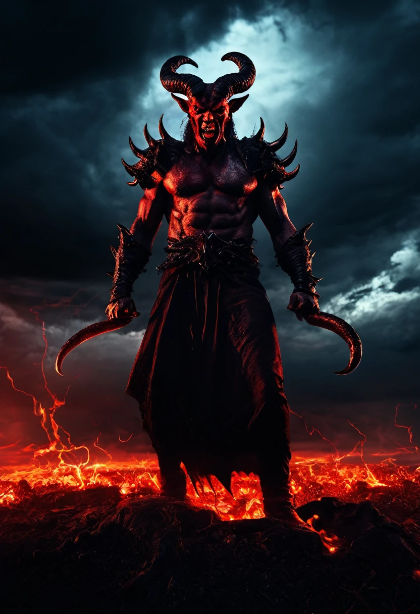 a dark and ominous figure of satan, horns, glowing eyes, sharp teeth, clawed hands, dramatic lighting, dark clouds, hellfire, tempting humanity, dark fantasy, cinematic, dramatic pose, photorealistic, ultra-detailed, 8k, masterpiece, hyper realistic, moody lighting, dramatic shadows, apocalyptic atmosphere, hellish landscape