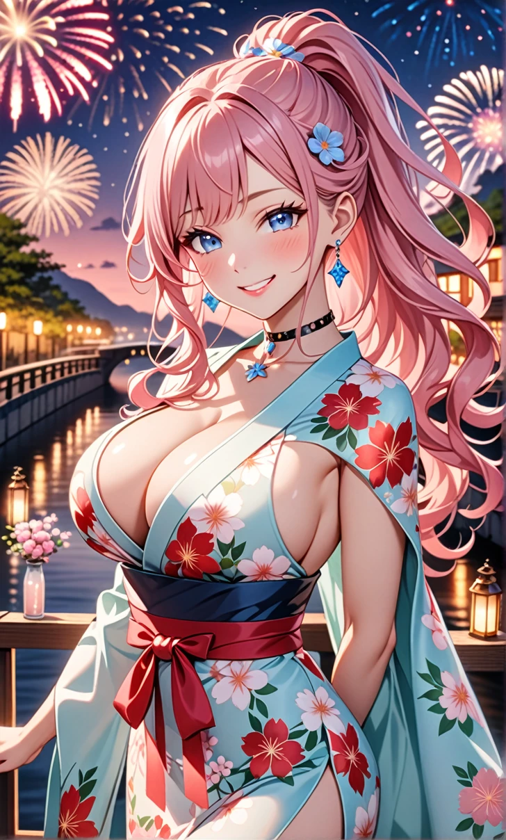 ultra-detailed, ((one girl)), in pastel colors girl, hyper detailed, absurdres, 8K, Beautiful Face, (Laugh shyly), ((teasing smile:1.8)), ((Wink:1.8)), (Laugh with your mouth wide open),(Tilt your head:1.3), View your viewers, ((Bright red cheeks:1.6)),Glossy Red Lips, ((Big Breasts:1.5)), (valley),night, Riverside,On Bridge, firework, (Brighten your face), ((Anime style background)),masterpiece, Highest quality, so beautiful,Latest, Complex details, (Pink long nails), (nail art), (ring),(bracelet), (Floral Choker),AI-generated, Complex,High resolution, Highest quality, super high quality,3D Images、3D Images,One person,Pastel pink long hair,(High Ponytail), (wavy hair:1.3), Pastel anime woman posing for a photo, ((Fine grain、blue eyes、glowing eyes:1.4)), (Squint your eyes:1.1),a hyperRealistic , hyperRealistic , Realistic,Anime woman with long pastel pink hair, Smooth anime CG art, A girl in a gorgeous pastel-colored kimono, ((Pastel-colored furisode)),(Pink large floral pattern) ,Long flower hair ornament,Floral Earrings,Mature Body, tall,Abdominal muscles,Tight waist,((arched back:1.9)), (front view),