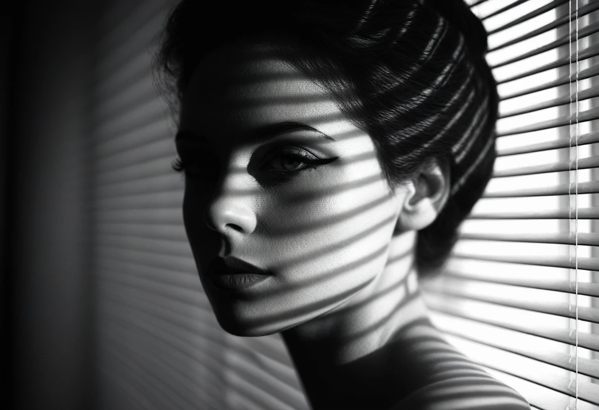 shadow of Venetian blinds projected on the face, (stern look),(bare shoulders), (monochrome), (portrait), (closeup), cinematic film, 35 year old woman leaning at white primed wall, looking over shoulder, lighting from the side, shadows, femme fatale, lips, eyelashes, profile, realistic, shallow depth of field, vignette, highly detailed, high budget, bokeh, cinemascope, moody, epic, gorgeous, film grain, grainy, burlesque, (natural skin), casting shadow style, cucoloris patterned illumination