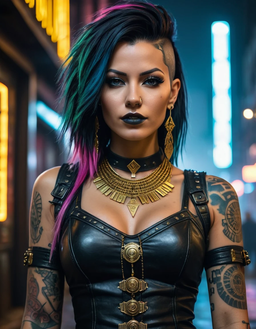 (masterpiece:1.7, best quality, ultra detailed, moonlight lights ratio, ultra realistic:1.3), Cinematic lighting:0.7, full-body portrait of a Brazilian woman with a punk Wiccan (witch) style, wearing a detailed gothic dress with leather elements, adorned with Egyptian gold jewelry, piercings, and runic tattoos. Sharp focus on her face, perfect eyes:1.5, photorealistic:1.5, film grain, looking at the camera:1.3, emphasize shoulders, foggy, misty, volumetric dust, key light, ray tracing, film grain ISO 800, 16 mm lens, RAW f1.8 aperture, analog photography, HDR colors, (cyberpunk cityscape:1.5), neon lights, futuristic buildings, (deep depth of field:1.3), complex and out-of-focus background, vibrant colors, dark, elegant, and intimidating atmosphere, (Brazilian ethnicity:1.5), (punk elements:1.5), (leather clothing:1.5), (sensual pose:1.2), (piercings:1.3), (runic tattoos:1.3), (detailed gothic dress:1.5), (Egyptian gold jewelry:1.5), (cyberpunk elements:1.5), (city at night:1.3), (high-tech gadgets and architecture:1.3), (neon signs and lights:1.3), (moody and atmospheric:1.3), (Lightroom cinematic filter:1.3), (EULER A method)