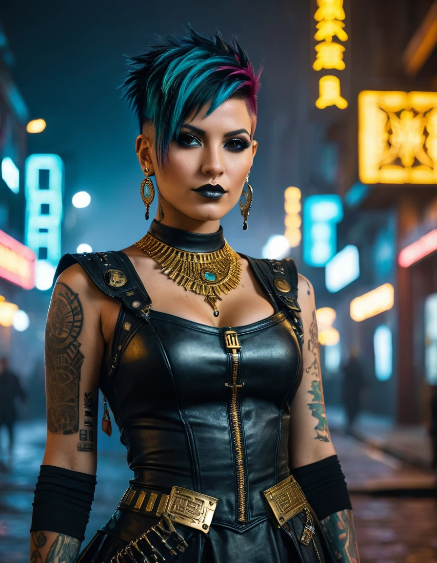 (masterpiece:1.7, best quality, ultra detailed, moonlight lights ratio, ultra realistic:1.3), Cinematic lighting:0.7, full-body portrait of a Brazilian woman with a punk Wiccan (witch) style, wearing a detailed gothic dress with leather elements, adorned with Egyptian gold jewelry, piercings, and runic tattoos. Sharp focus on her face, perfect eyes:1.5, photorealistic:1.5, film grain, looking at the camera:1.3, emphasize shoulders, foggy, misty, volumetric dust, key light, ray tracing, film grain ISO 800, 16 mm lens, RAW f1.8 aperture, analog photography, HDR colors, (cyberpunk cityscape:1.5), neon lights, futuristic buildings, (deep depth of field:1.3), complex and out-of-focus background, vibrant colors, dark, elegant, and intimidating atmosphere, (Brazilian ethnicity:1.5), (punk elements:1.5), (leather clothing:1.5), (sensual pose:1.2), (piercings:1.3), (runic tattoos:1.3), (detailed gothic dress:1.5), (Egyptian gold jewelry:1.5), (cyberpunk elements:1.5), (city at night:1.3), (high-tech gadgets and architecture:1.3), (neon signs and lights:1.3), (moody and atmospheric:1.3), (Lightroom cinematic filter:1.3), (EULER A method)