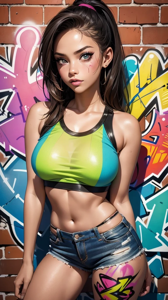 (best quality), (high detail), (vivid colors), (Highly detailed), (graffiti style), (freestyle), (Close up), (1girl), young sexy female teen girl, big , (see through), tight top, posing in front of a brick wall painted with street art, HDR, 8K, 3D, graffiti art style. short hair