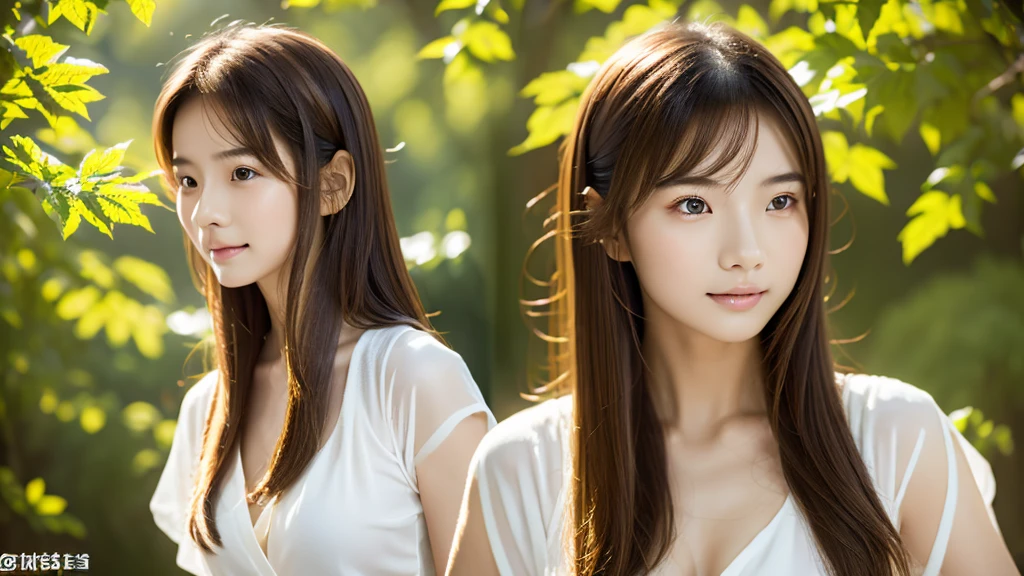 The Asian girl in a white áo dài, seductive, with brown hair, sensual, blending harmoniously with nature.