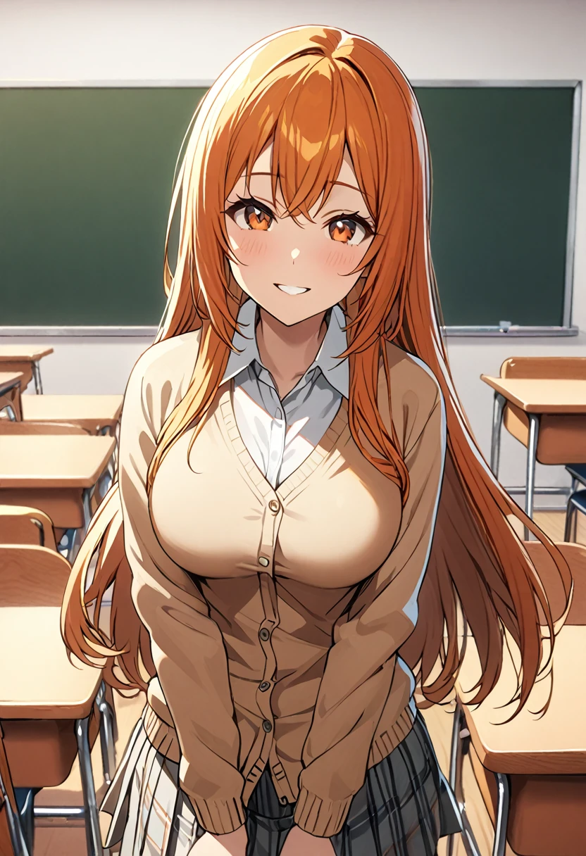 1 girl, (solo:1.2), tall girl, long orange hair, straight hair ,orange eyes, (high school student), (************), (Full Breasts), High Height,masterpiece, high resolution, shiny, full body, beautiful,A cute smile that makes the viewer happy, highly detailed beautiful face and eyes,looking at viewer, (high , cardigan:1.2), (high school, high school classroom:1.2), (from front), 