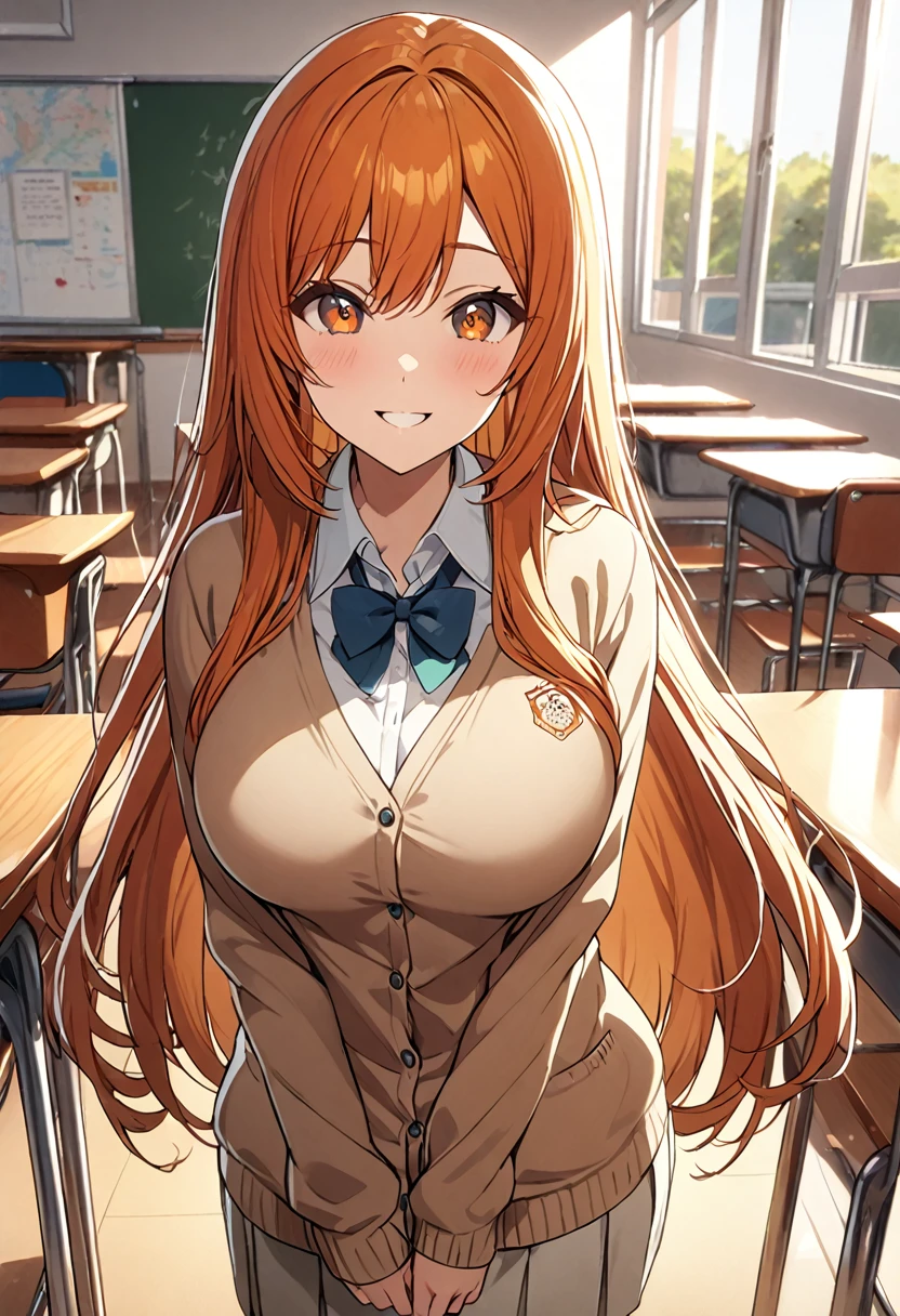 1 girl, (solo:1.2), tall girl, long orange hair, straight hair ,orange eyes, (high school student), (17 years old), (Full Breasts), High Height,masterpiece, high resolution, shiny, full body, beautiful,A cute smile that makes the viewer happy, highly detailed beautiful face and eyes,looking at viewer, (high , cardigan:1.2), (high school, high school classroom:1.2), (from front), 