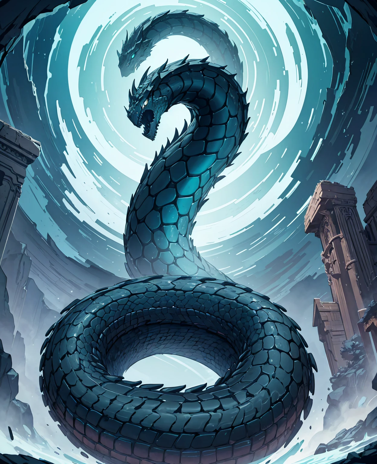 a colossal serpent, Jörmungandr, the world serpent, curled around the world, mythological Norse creature, detailed scales, glistening coils, piercing eyes, menacing presence, dark ocean depths, dramatic lighting, muted color palette, realistic 3D render, highly detailed, cinematic composition, photorealistic, dramatic angle, extreme detail, epic scale, masterpiece