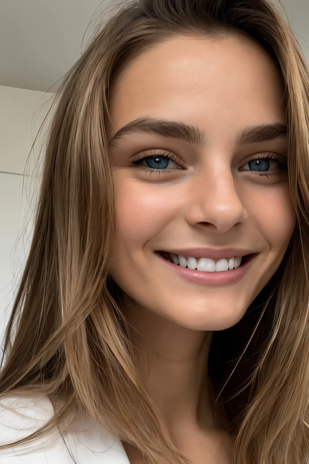 selfie miroir , une fille magnifique de 19 ans , léger sourire , visage et yeux détaillés , Éclairage naturel , à la maison , cheveux longs, les cheveux en désordre, voir à travers un chemisier ample, clivage, grain de film, faible contraste, visage naturel , taches de rousseur , cheveux blond foncé , yeux vert foncé, cernes sous les yeux, Sexy, tétons visibles sous le chemisier,