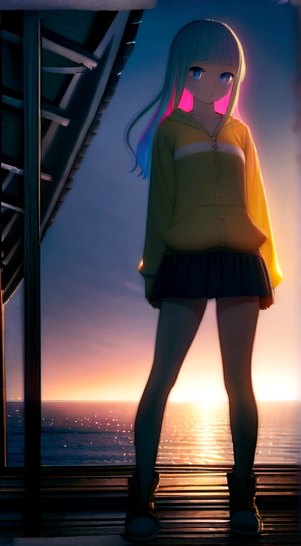 English woman,1 Girl,Lovely and beautiful Fas,28 years old,Rainbow Hair,Double tail, Practical pirate clothing, (Cardigan mech suit), miniskirt,Torn Hat,, Fantasy,(Pirate Ship),Cinematic lighting,Masterpiece,Mixed Alstromeria,((Best quality, 8K, Masterpiece :1.3)), 1 Girl, Abs beauty:1.3, (Medium-length hair, :1.2), Ultra-fine face, Meticulous eyes, Double eyelids,Rainbow hair,blue eyes (Full body image), Solo, 1,Standing,Fluorescent beach at night,Firefly Forest,Fine Art Photography,(angle: 1.2),(Official Art, )