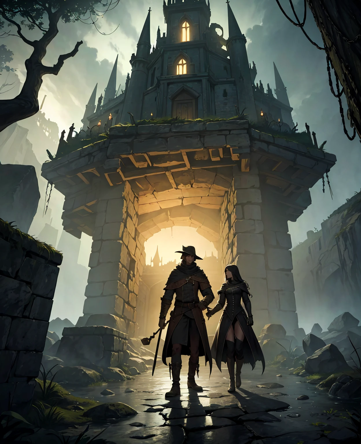 a dark dungeon, medieval fantasy dungeon, underground cave, glowing torches, stone walls, wooden beams, ominous atmosphere, metal bars, rusty chains, shackles, old wooden door, moss-covered floor, puddles of water, eerie lighting, moody shadows, mysterious and foreboding, (best quality,4k,8k,highres,masterpiece:1.2),ultra-detailed,realistic,photorealistic,photo-realistic:1.37,dark fantasy,chiaroscuro,dramatic lighting,cinematic