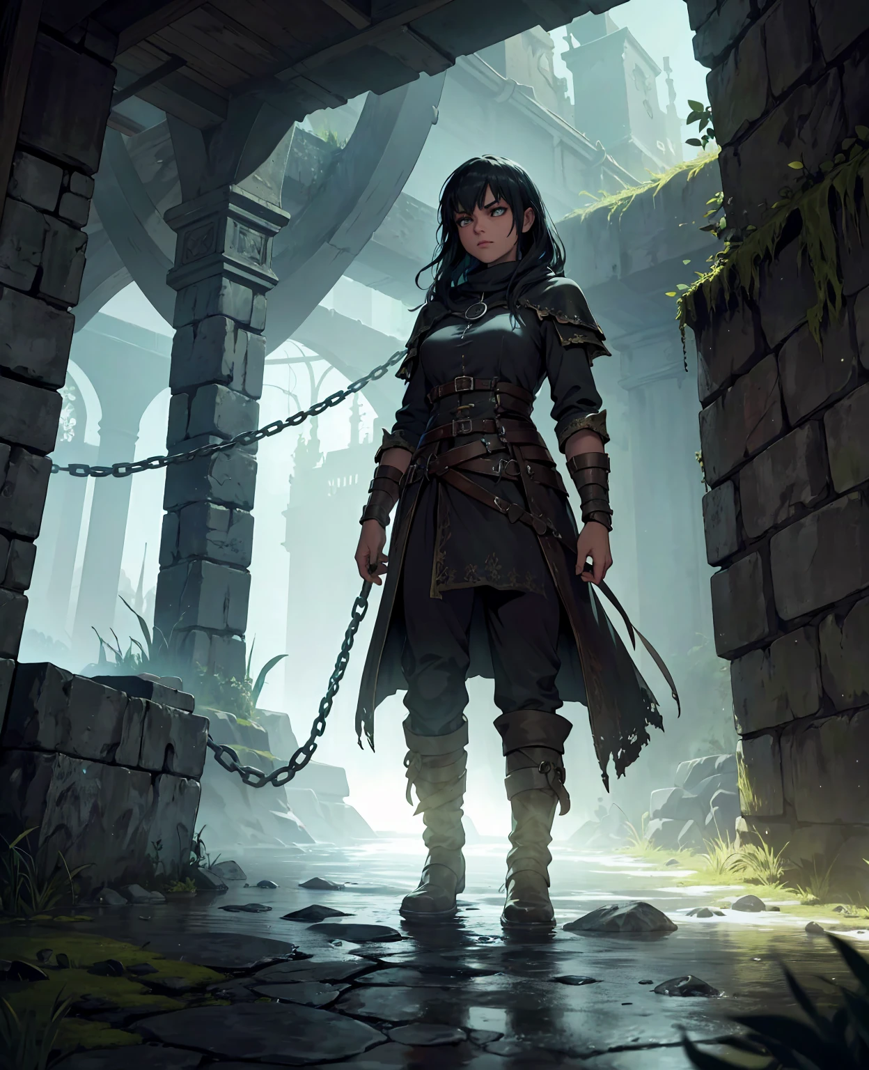 a dark dungeon, medieval fantasy dungeon, underground cave, glowing torches, stone walls, wooden beams, ominous atmosphere, metal bars, rusty chains, shackles, old wooden door, moss-covered floor, puddles of water, eerie lighting, moody shadows, mysterious and foreboding, (best quality,4k,8k,highres,masterpiece:1.2),ultra-detailed,realistic,photorealistic,photo-realistic:1.37,dark fantasy,chiaroscuro,dramatic lighting,cinematic