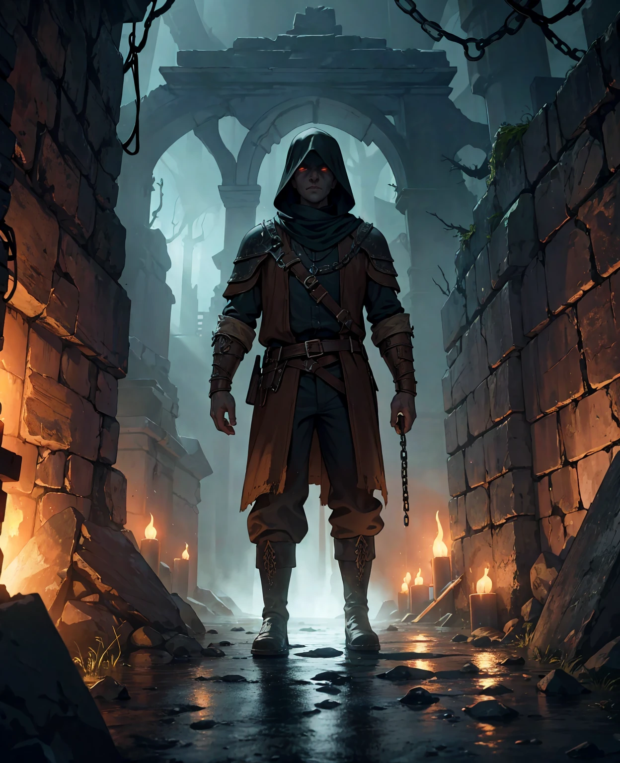 a dark dungeon, medieval fantasy dungeon, underground cave, glowing torches, stone walls, wooden beams, ominous atmosphere, metal bars, rusty chains, shackles, old wooden door, moss-covered floor, puddles of water, eerie lighting, moody shadows, mysterious and foreboding, (best quality,4k,8k,highres,masterpiece:1.2),ultra-detailed,realistic,photorealistic,photo-realistic:1.37,dark fantasy,chiaroscuro,dramatic lighting,cinematic